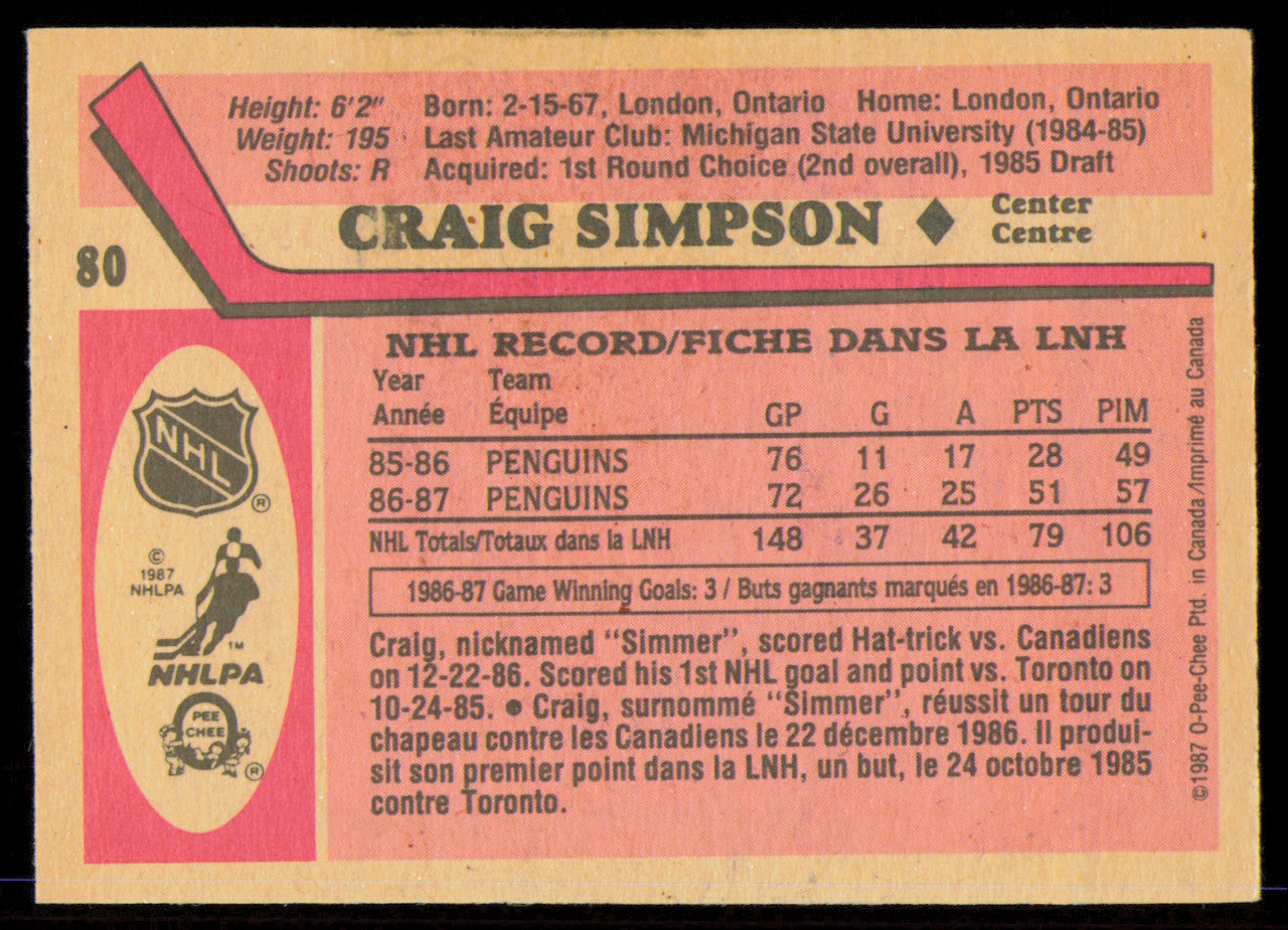 Craig Simpson Autographed 1987-88 O-Pee-Chee Rookie Card #80 Pittsburgh Penguins SKU #255264
