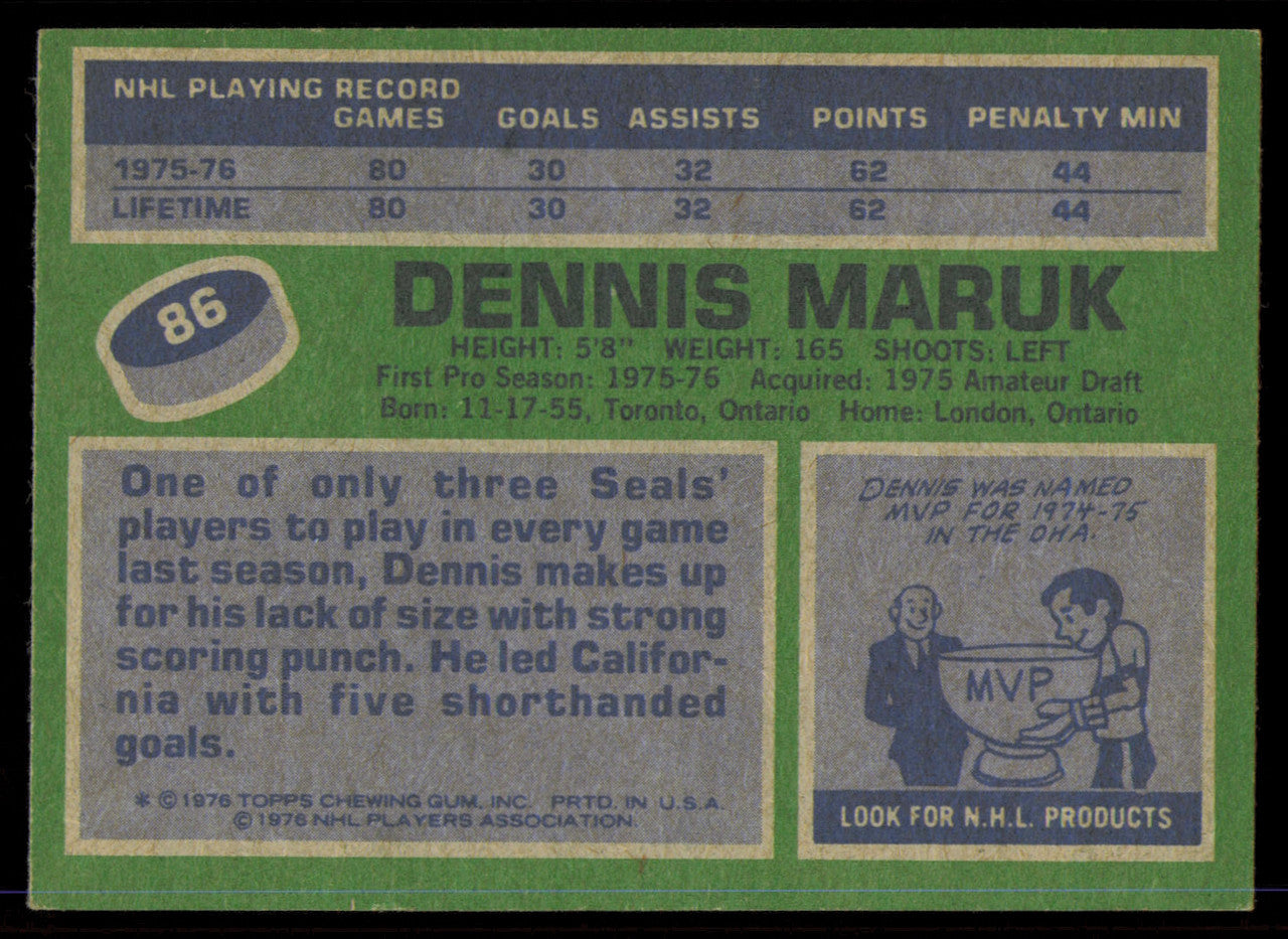 Dennis Maruk Autographed 1976-77 Topps Rookie Card #86 California Golden Seals SKU #255310