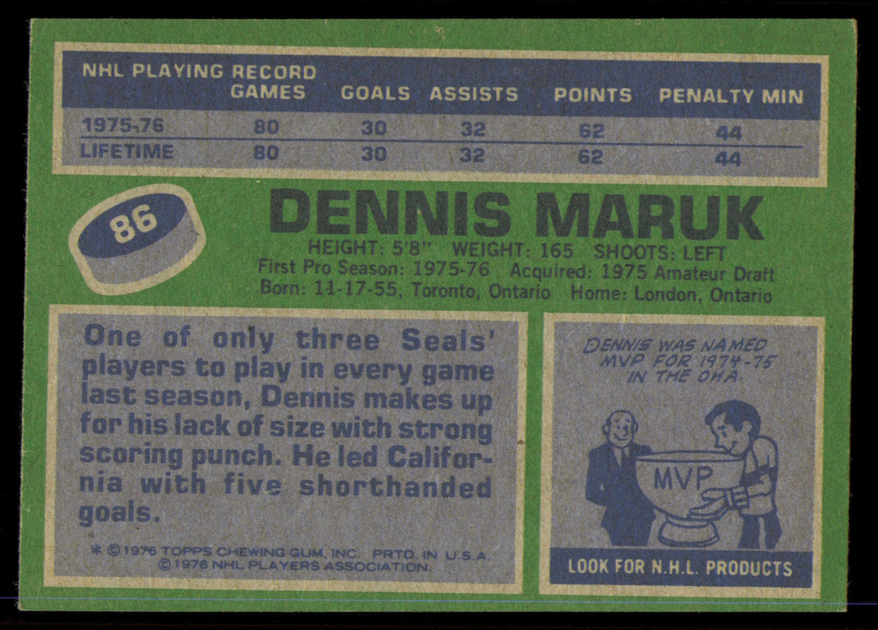 Dennis Maruk Autographed 1976-77 Topps Rookie Card #86 California Golden Seals SKU #255311