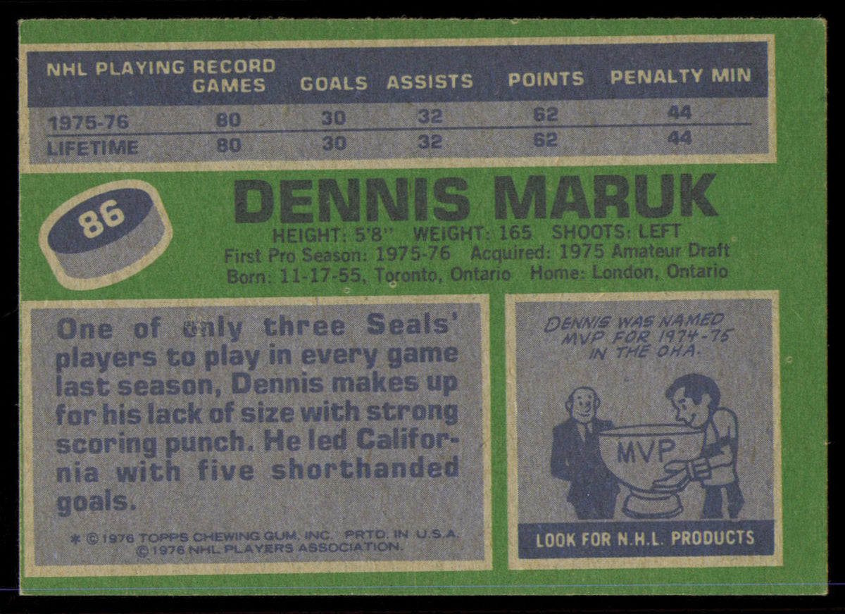 Dennis Maruk Autographed 1976-77 Topps Rookie Card #86 California Golden Seals SKU #255312