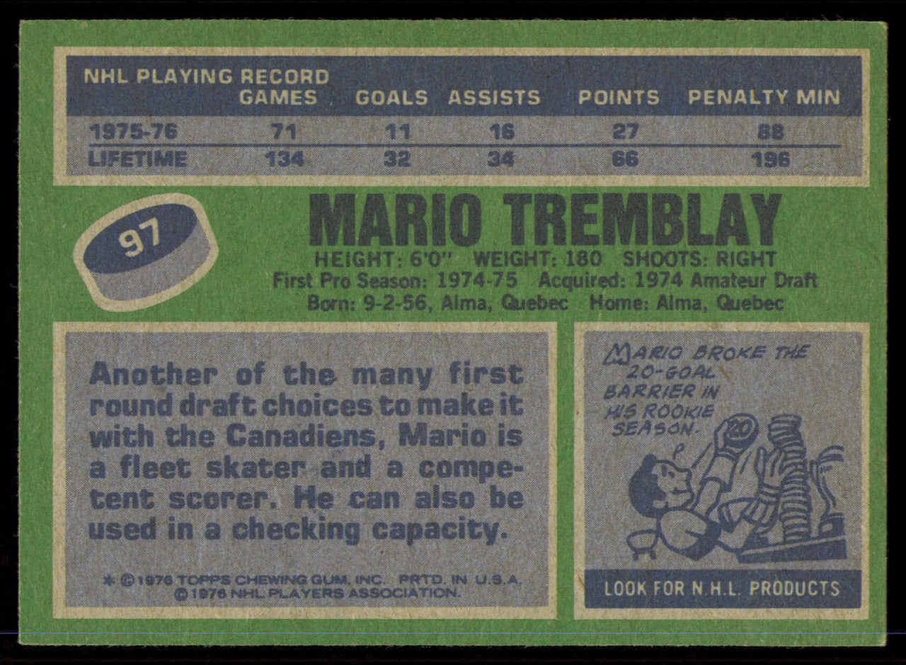 Mario Tremblay Autographed 1976-77 Topps Card #97 Montreal Canadiens SKU #255318