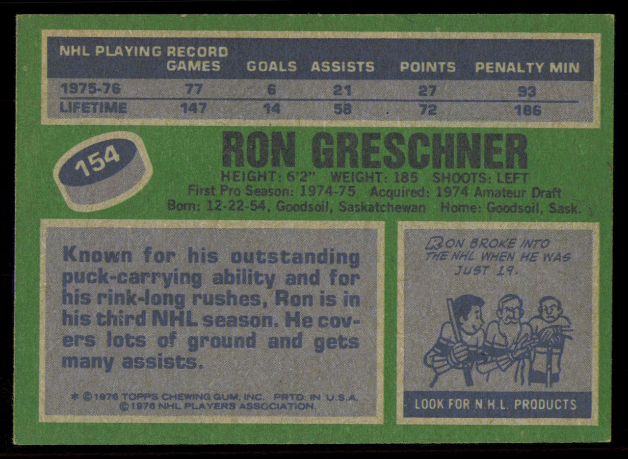 Ron Greschner Autographed 1976-77 Topps Card #154 New York Rangers SKU #255328