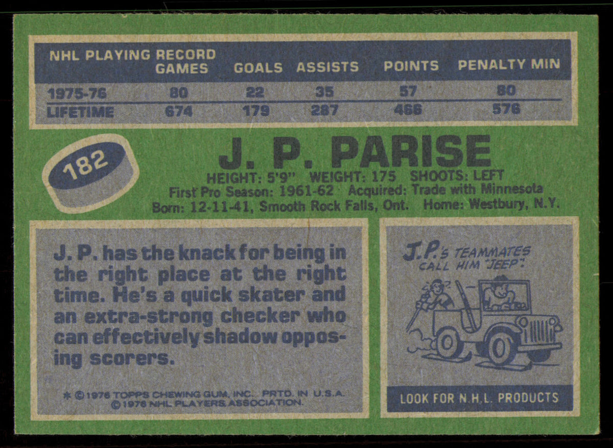 J.P. Parise Autographed 1976-77 Topps Card #182 New York Islanders SKU #255332