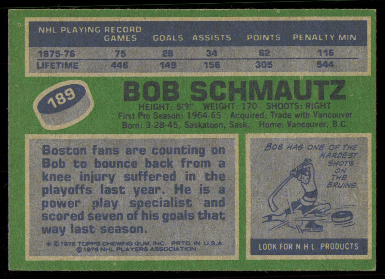 Bob Schmautz Autographed 1976-77 Topps Card #189 Boston Bruins SKU #255335