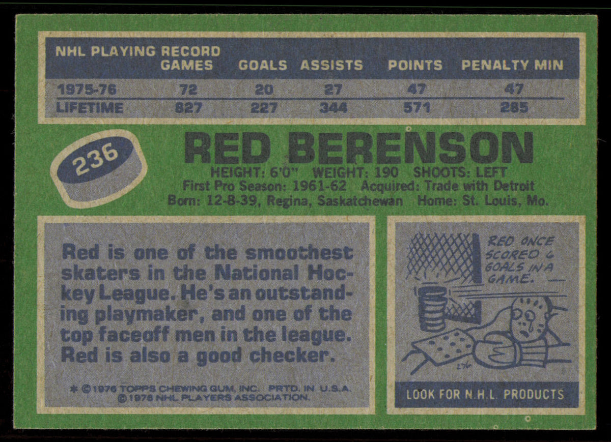 Red Berenson Autographed 1976-77 Topps Card #236 St. Louis Blues SKU #255340
