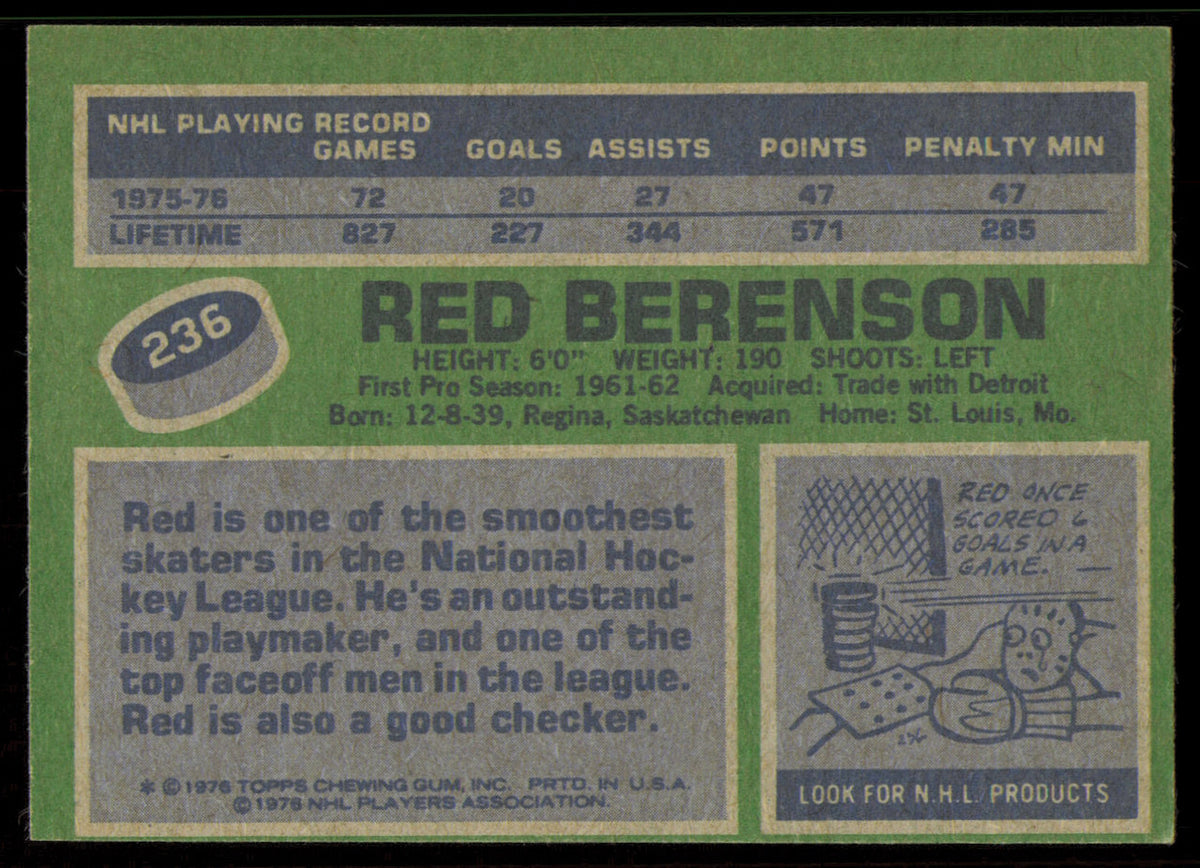 Red Berenson Autographed 1976-77 Topps Card #236 St. Louis Blues SKU #255341