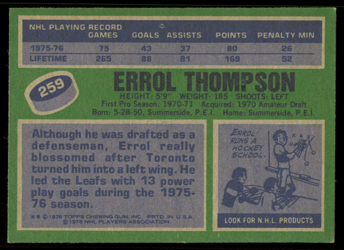 Errol Thompson Autographed 1976-77 Topps Card #259 Toronto Maple Leafs SKU #255343