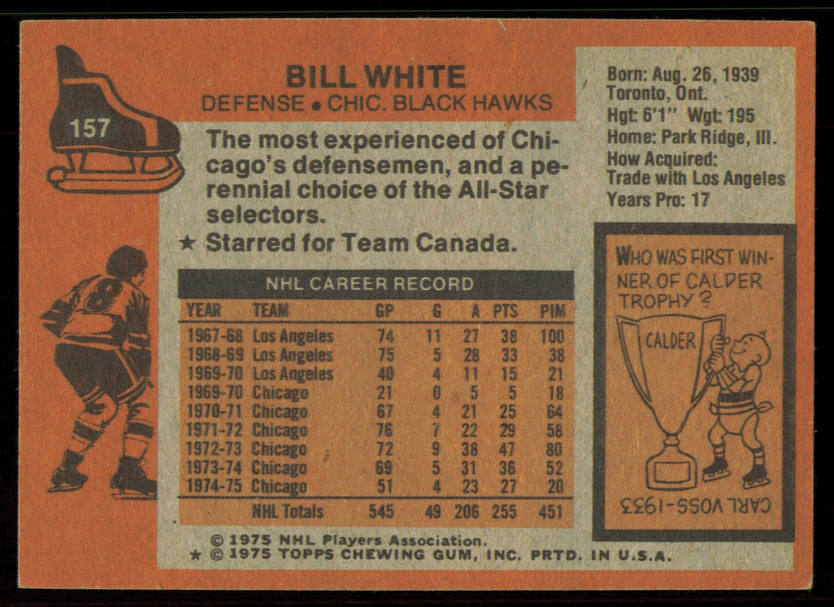 Bill White Autographed 1975-76 Topps Card #157 Chicago Blackhawks SKU #255391