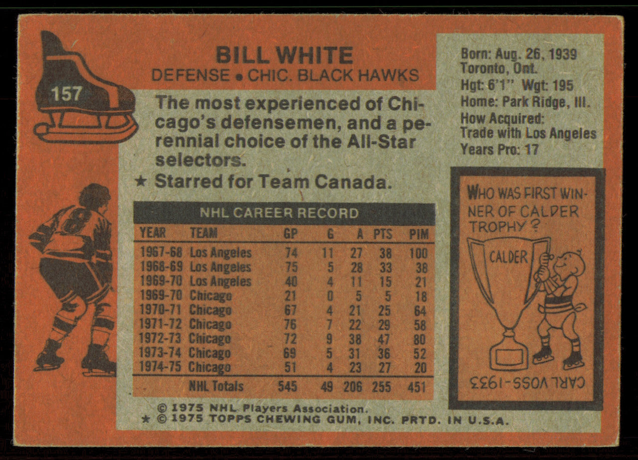 Bill White Autographed 1975-76 Topps Card #157 Chicago Blackhawks SKU #255393