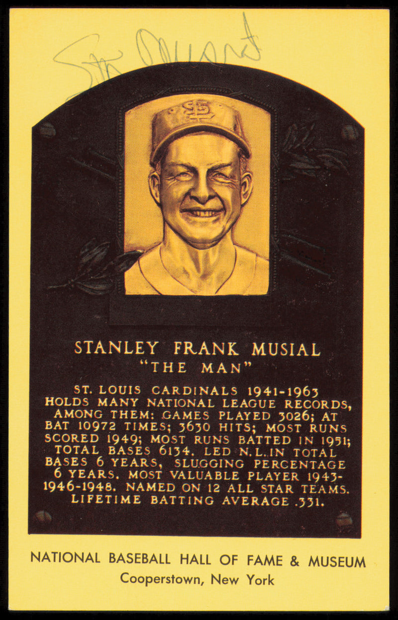 Stan Musial Autographed Hall of Fame HOF Plaque Postcard St. Louis Cardinals SKU #255446