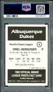 Orel Hershiser Autographed 1982 TCMA Rookie Card #4 Albuquerque Dukes PSA 7 Auto Grade Gem Mint 10 PSA/DNA #120105747