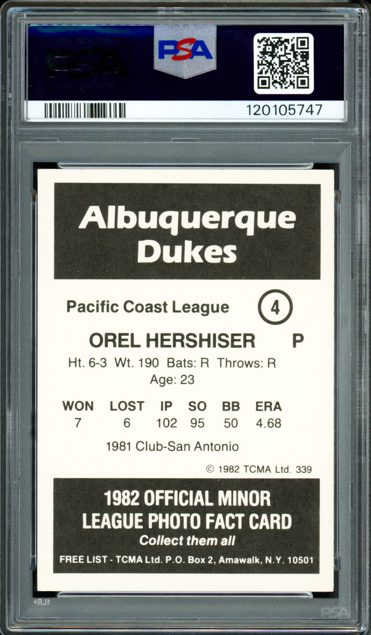 Orel Hershiser Autographed 1982 TCMA Rookie Card #4 Albuquerque Dukes PSA 7 Auto Grade Gem Mint 10 PSA/DNA #120105747