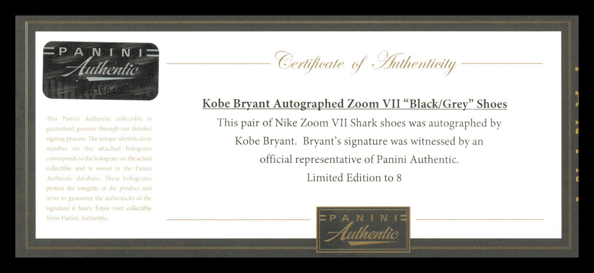 Kobe Bryant Autographed Black/Grey 2011-12 Nike Kobe VII Shoes Los Angeles Lakers (Dual Signed) Size 14 #4/8 Panini Holo #PA16640