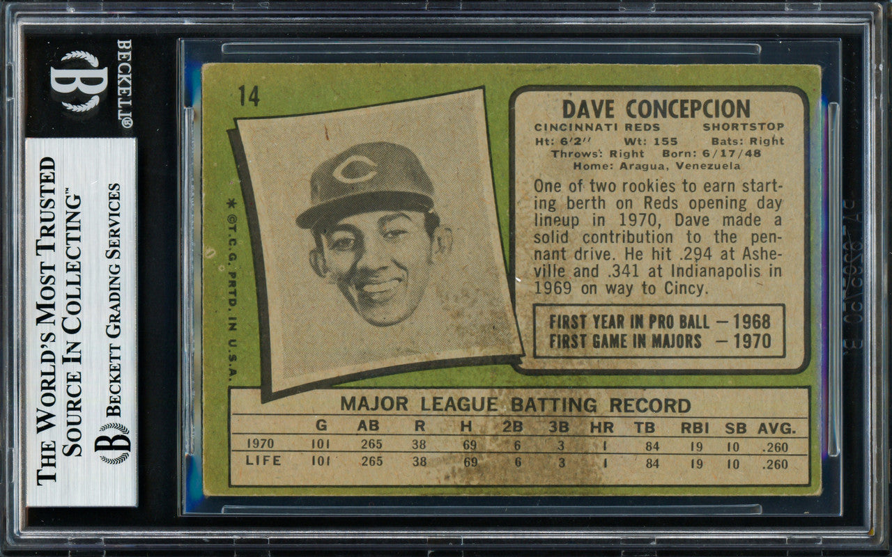 Dave Concepcion Autographed 1971 Topps Rookie Card #14 Cincinnati Reds Beckett BAS #18628616