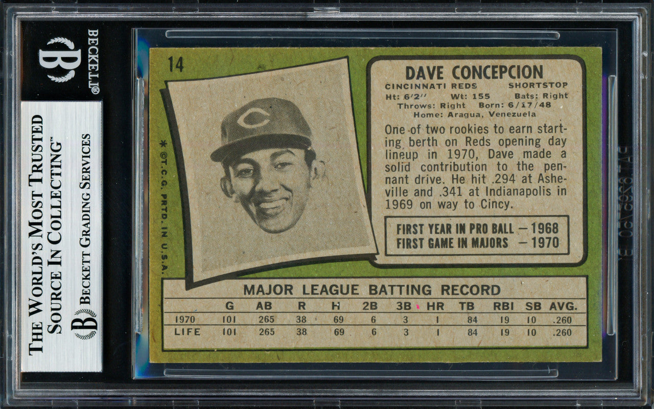 Dave Concepcion Autographed 1971 Topps Rookie Card #14 Cincinnati Reds Beckett BAS #18628620