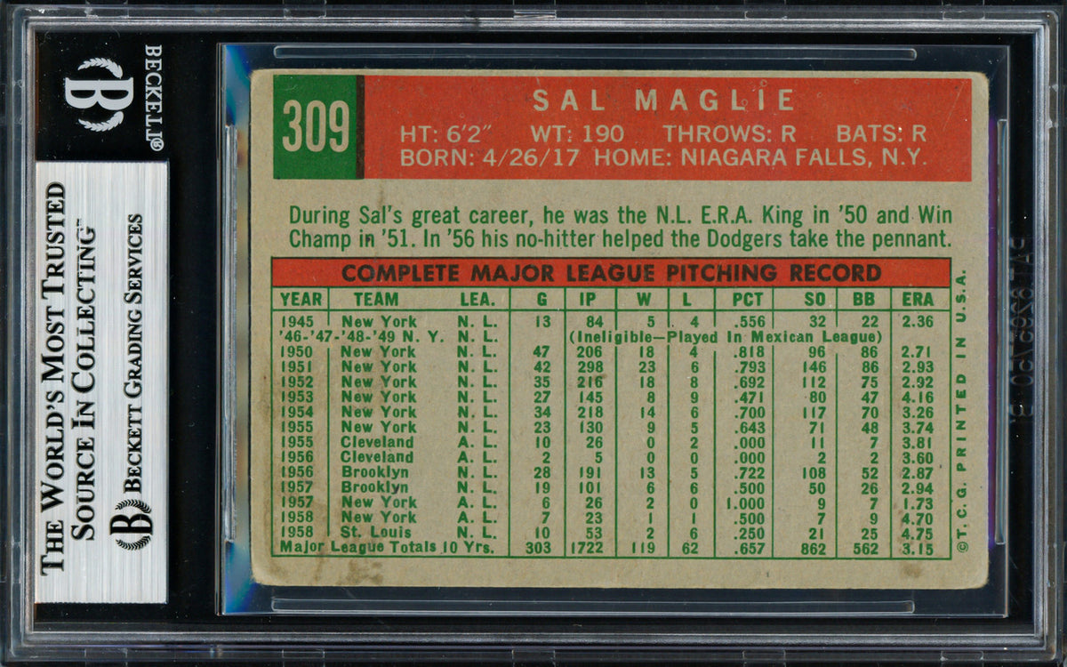 Sal Maglie Autographed 1959 Topps Card #309 St. Louis Cardinals Beckett BAS #18629022