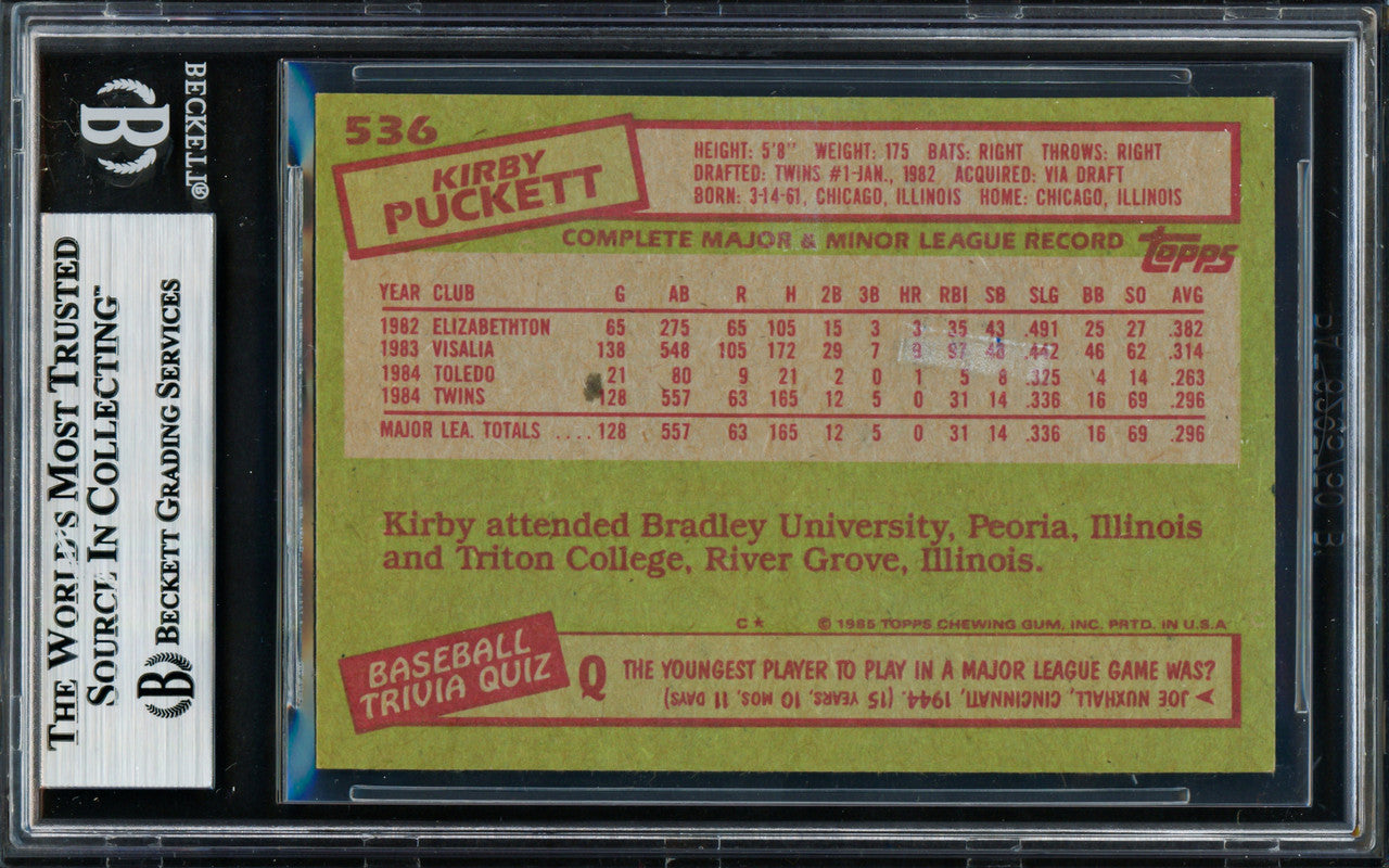 Kirby Puckett Autographed 1985 Topps Rookie Card #536 Minnesota Twins Beckett BAS #18629075