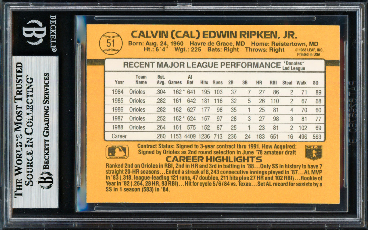 Cal Ripken Jr. Autographed 1989 Donruss Card #51 Baltimore Orioles Beckett BAS #18629082