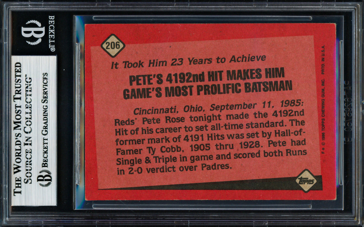 Pete Rose Autographed 1986 Topps Card #206 Cincinnati Reds Beckett BAS #18629319
