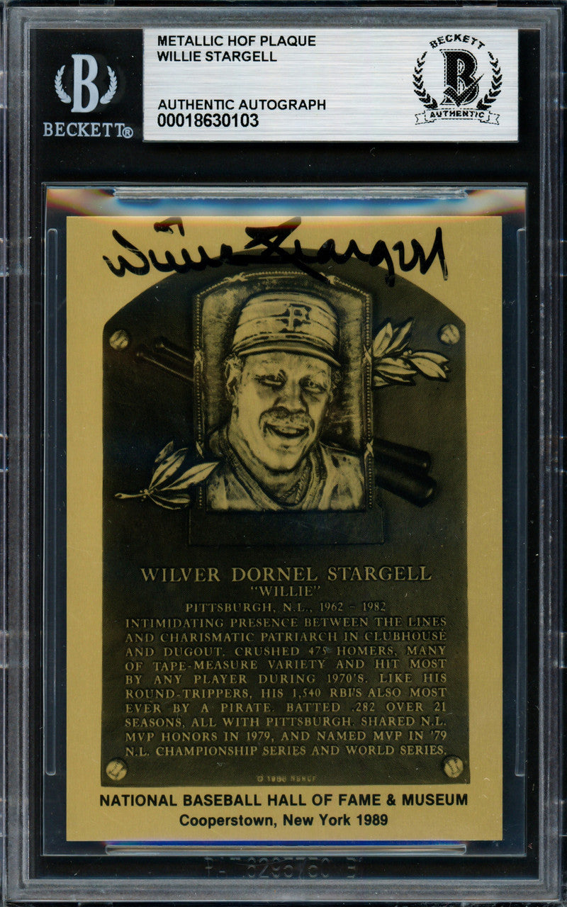 Willie Stargell Autographed 1989 2.5x3.5 Hall of Fame Metal Plaque Card Pittsburgh Pirates Beckett BAS #18630103