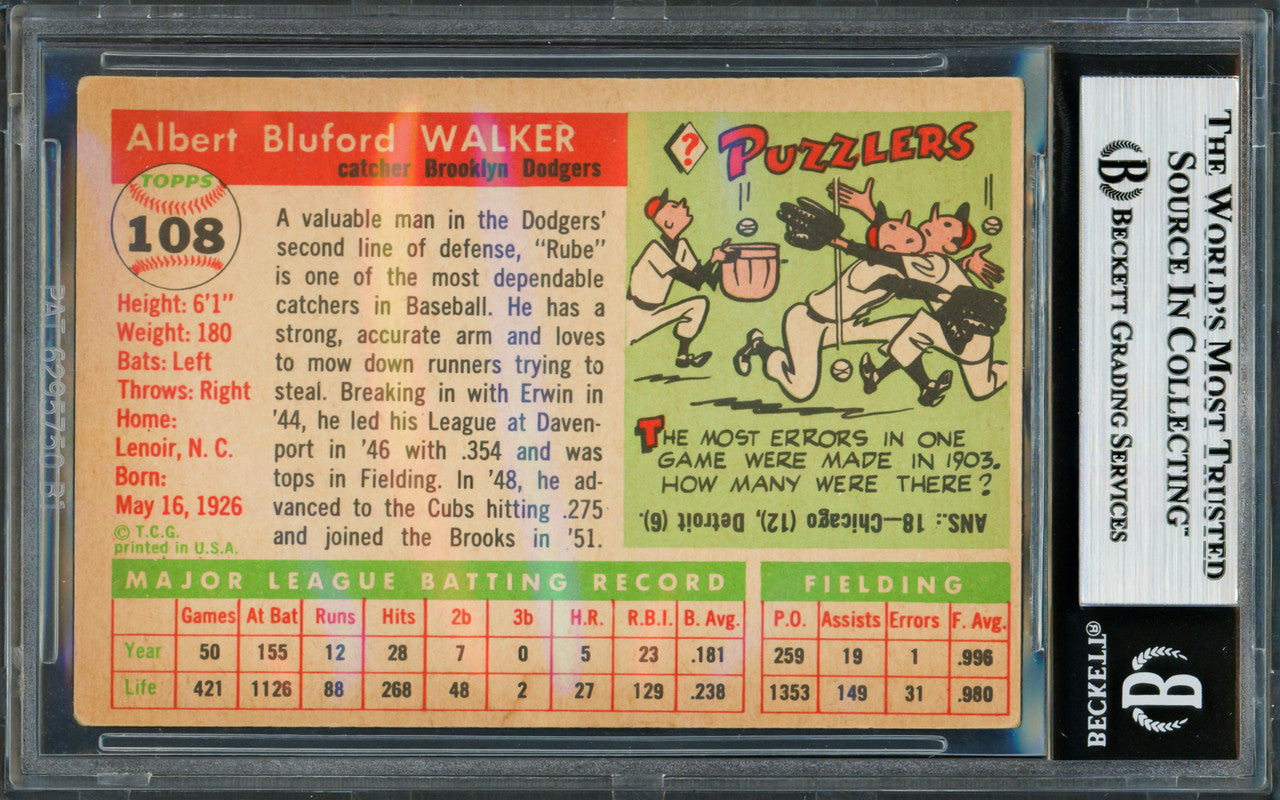 Rube Walker Autographed 1955 Topps Card #108 Brooklyn Dodgers Beckett BAS #18630030