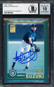 Ichiro Suzuki Autographed 2001 Topps Rookie Card #726 Seattle Mariners Auto Grade Gem Mint 10 Beckett BAS #13604788