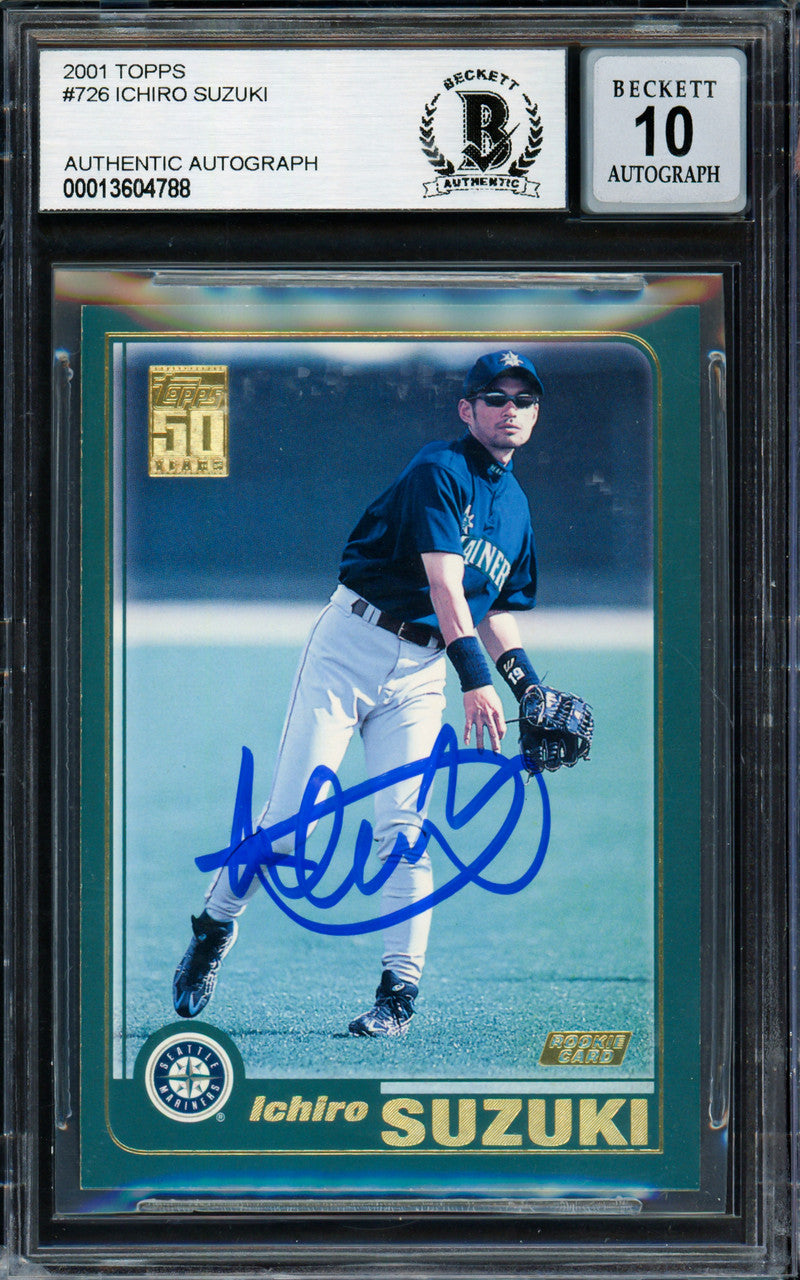 Ichiro Suzuki Autographed 2001 Topps Rookie Card #726 Seattle Mariners Auto Grade Gem Mint 10 Beckett BAS #13604788