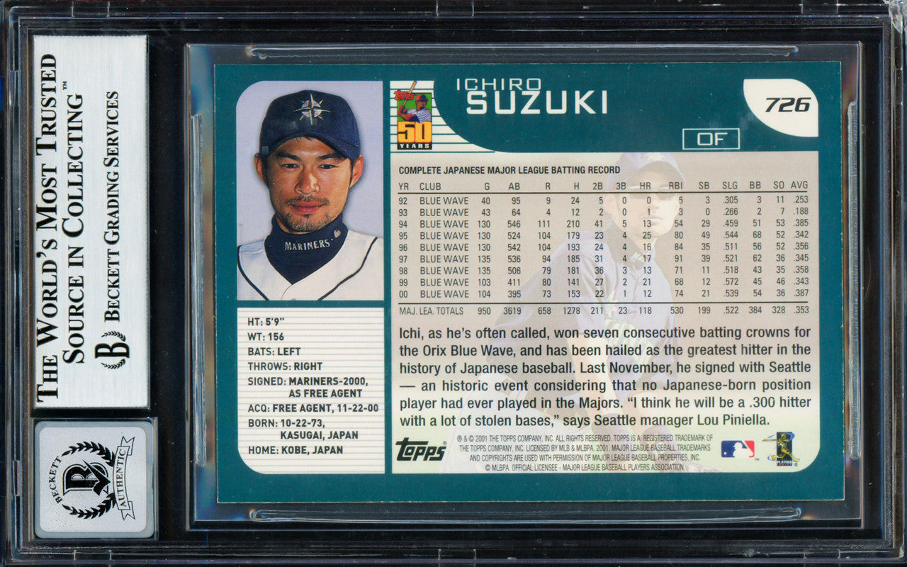 Ichiro Suzuki Autographed 2001 Topps Rookie Card #726 Seattle Mariners Auto Grade Gem Mint 10 Beckett BAS #13604788