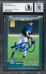 Ichiro Suzuki Autographed 2001 Topps Rookie Card #726 Seattle Mariners Auto Grade Gem Mint 10 Beckett BAS #13018339