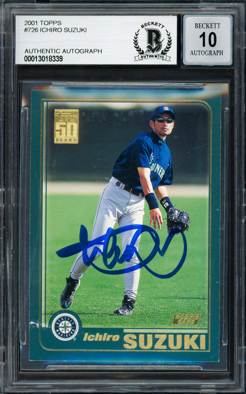 Ichiro Suzuki Autographed 2001 Topps Rookie Card #726 Seattle Mariners Auto Grade Gem Mint 10 Beckett BAS #13018339