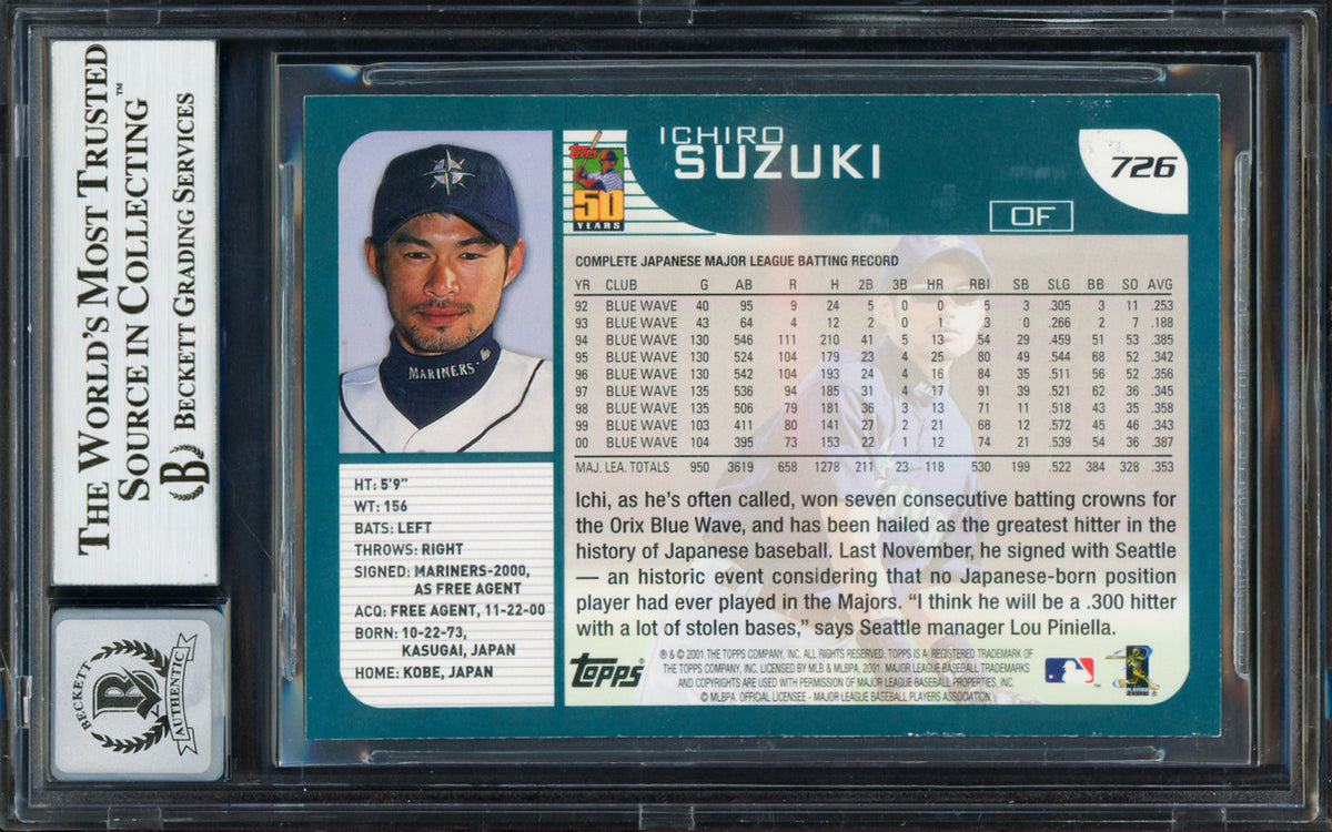 Ichiro Suzuki Autographed 2001 Topps Rookie Card #726 Seattle Mariners Auto Grade Gem Mint 10 Beckett BAS #13018339