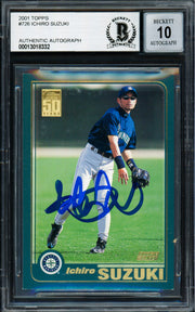 Ichiro Suzuki Autographed 2001 Topps Rookie Card #726 Seattle Mariners Auto Grade Gem Mint 10 Beckett BAS #13018332