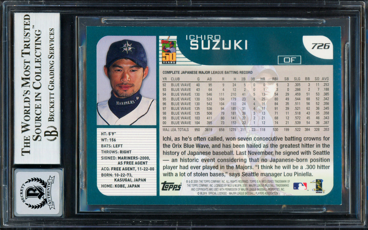 Ichiro Suzuki Autographed 2001 Topps Rookie Card #726 Seattle Mariners Auto Grade Gem Mint 10 Beckett BAS #13018332