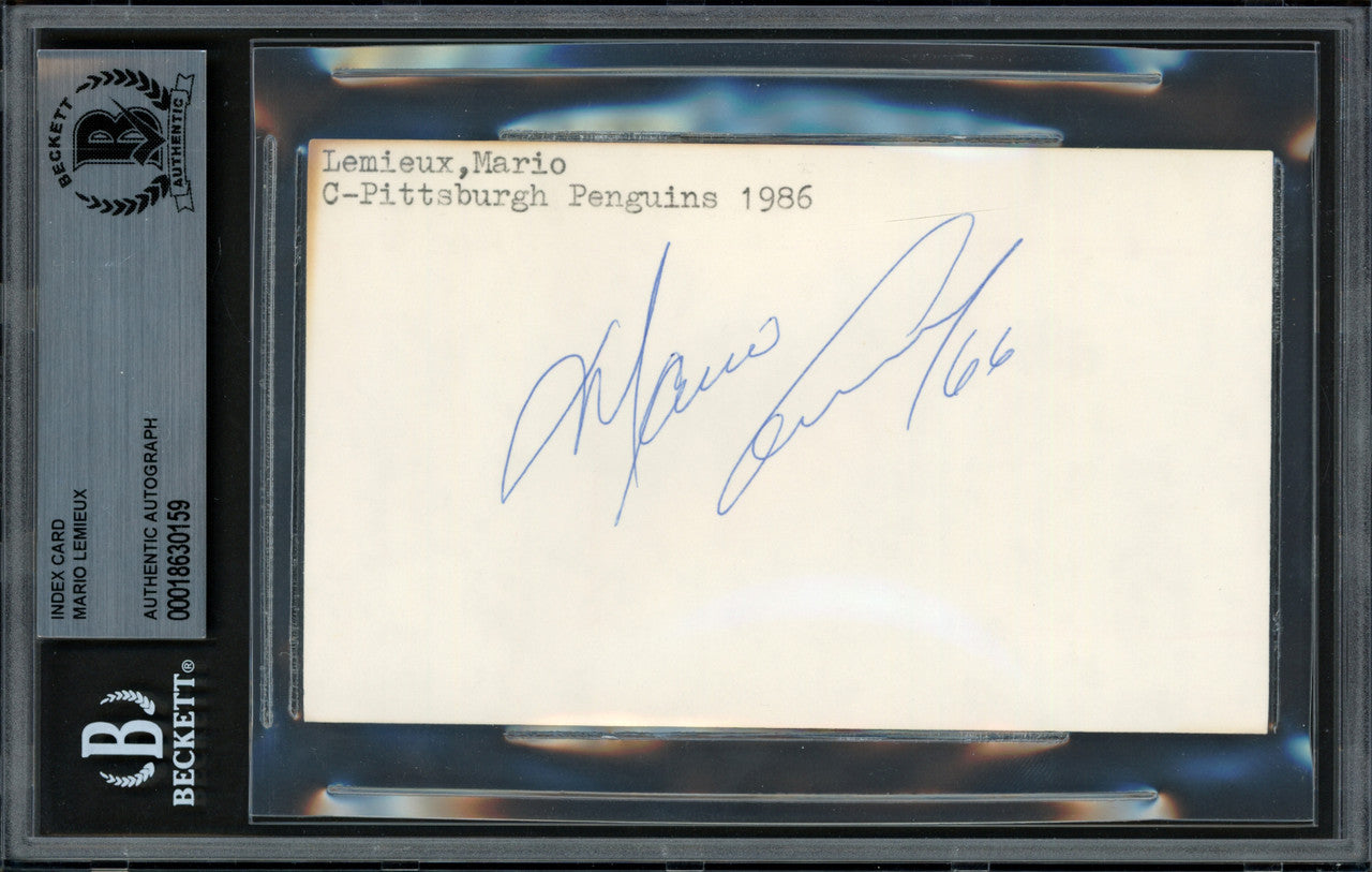 Mario Lemieux Autographed 1986 3x5 Index Card Pittsburgh Penguins Vintage Rookie Era Signature Beckett BAS #18630159