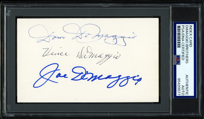 Joe, Vince, & Dom DiMaggio Brothers Autographed 3x5 Index Card PSA/DNA #85420077