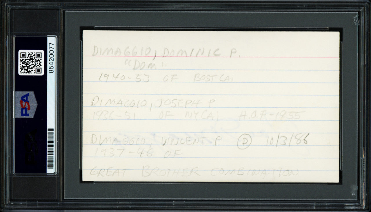Joe, Vince, & Dom DiMaggio Brothers Autographed 3x5 Index Card PSA/DNA #85420077