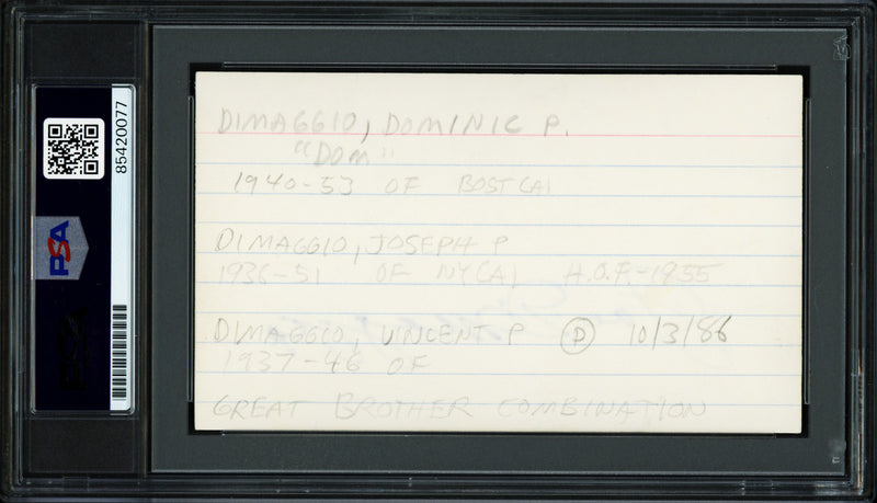 Joe, Vince, & Dom DiMaggio Brothers Autographed 3x5 Index Card PSA/DNA #85420077