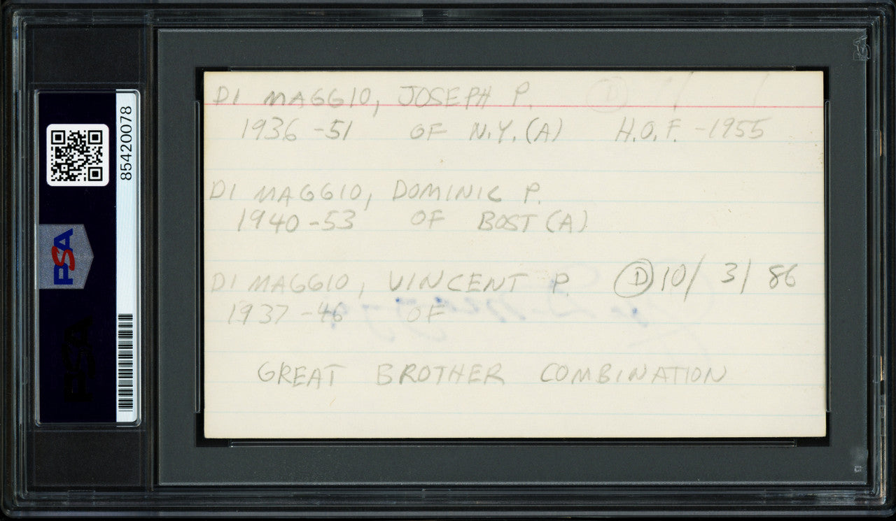 Joe, Vince, & Dom DiMaggio Brothers Autographed 3x5 Index Card PSA/DNA #85420078