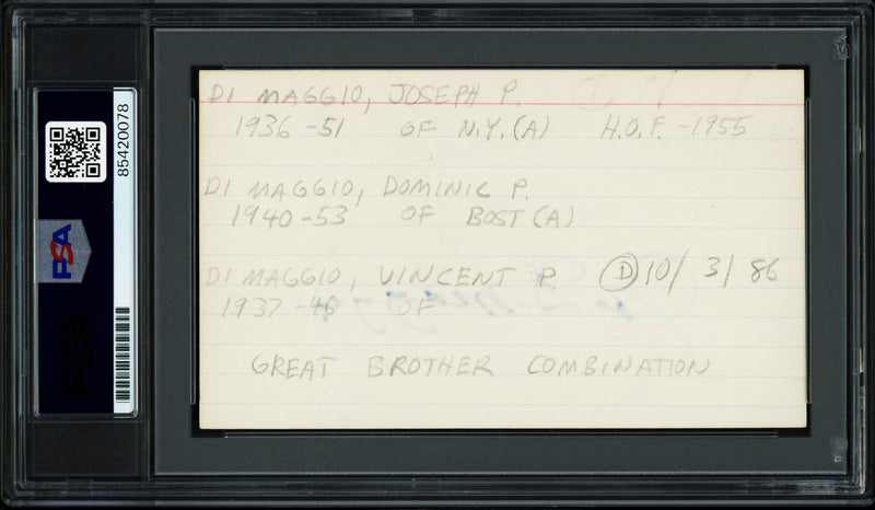 Joe, Vince, & Dom DiMaggio Brothers Autographed 3x5 Index Card PSA/DNA #85420078