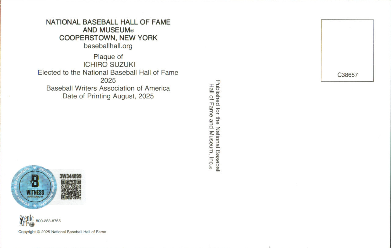 Ichiro Suzuki Autographed Hall of Fame Plaque Postcard (Japanese) Seattle Mariners (Smudged) Beckett BAS Witness #3W344899