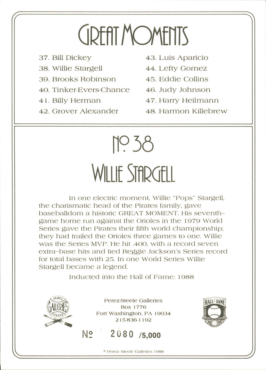 Willie Stargell Autographed Perez Steele Great Moments Postcard Pittsburgh Pirates SKU #257244