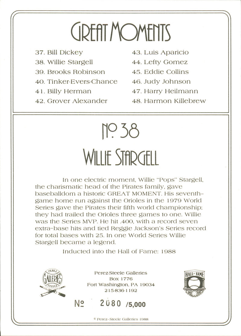 Willie Stargell Autographed Perez Steele Great Moments Postcard Pittsburgh Pirates SKU #257244