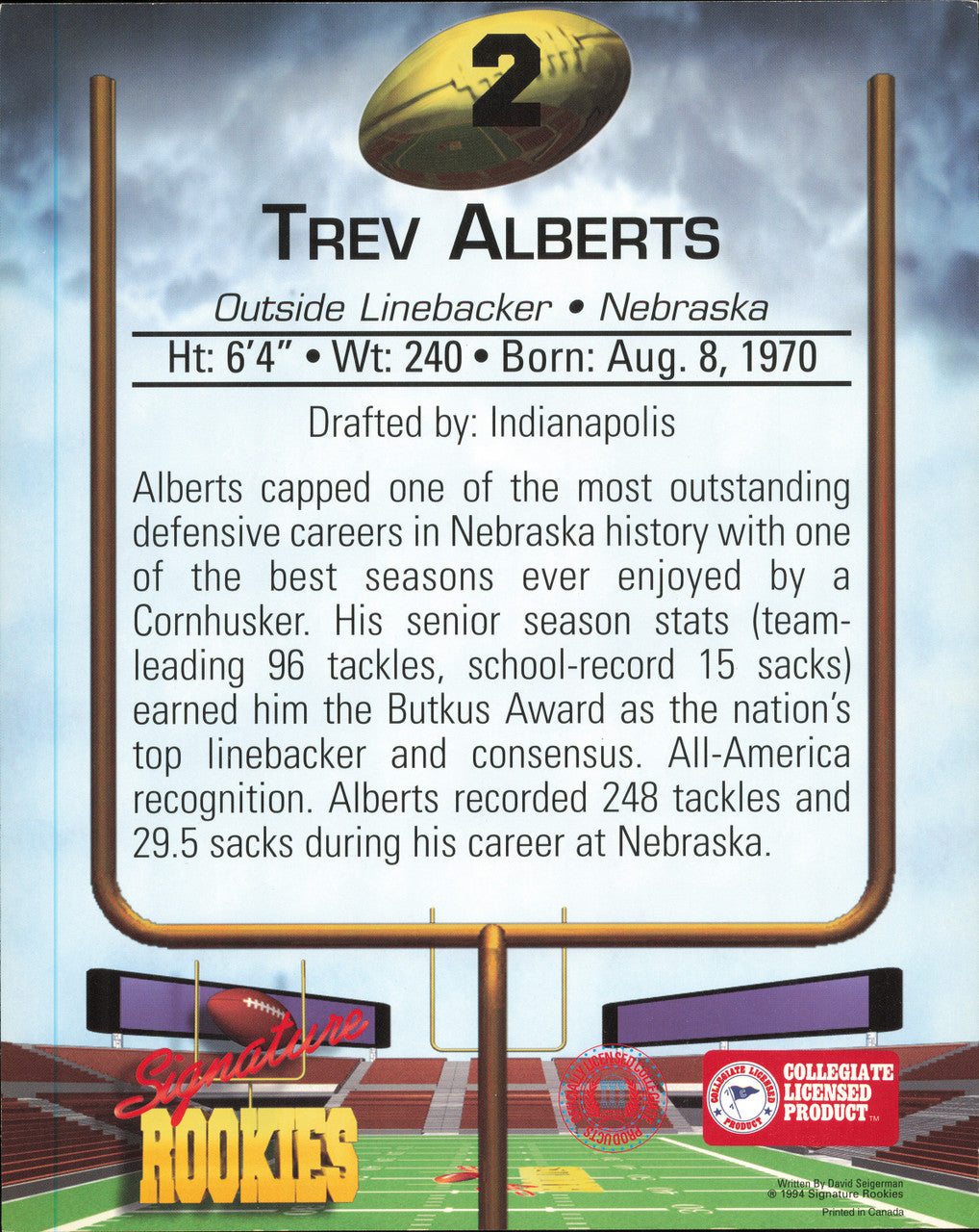Trev Alberts Autographed Signature Rookies 8x10 Photo Nebraska Cornhuskers SKU #257327