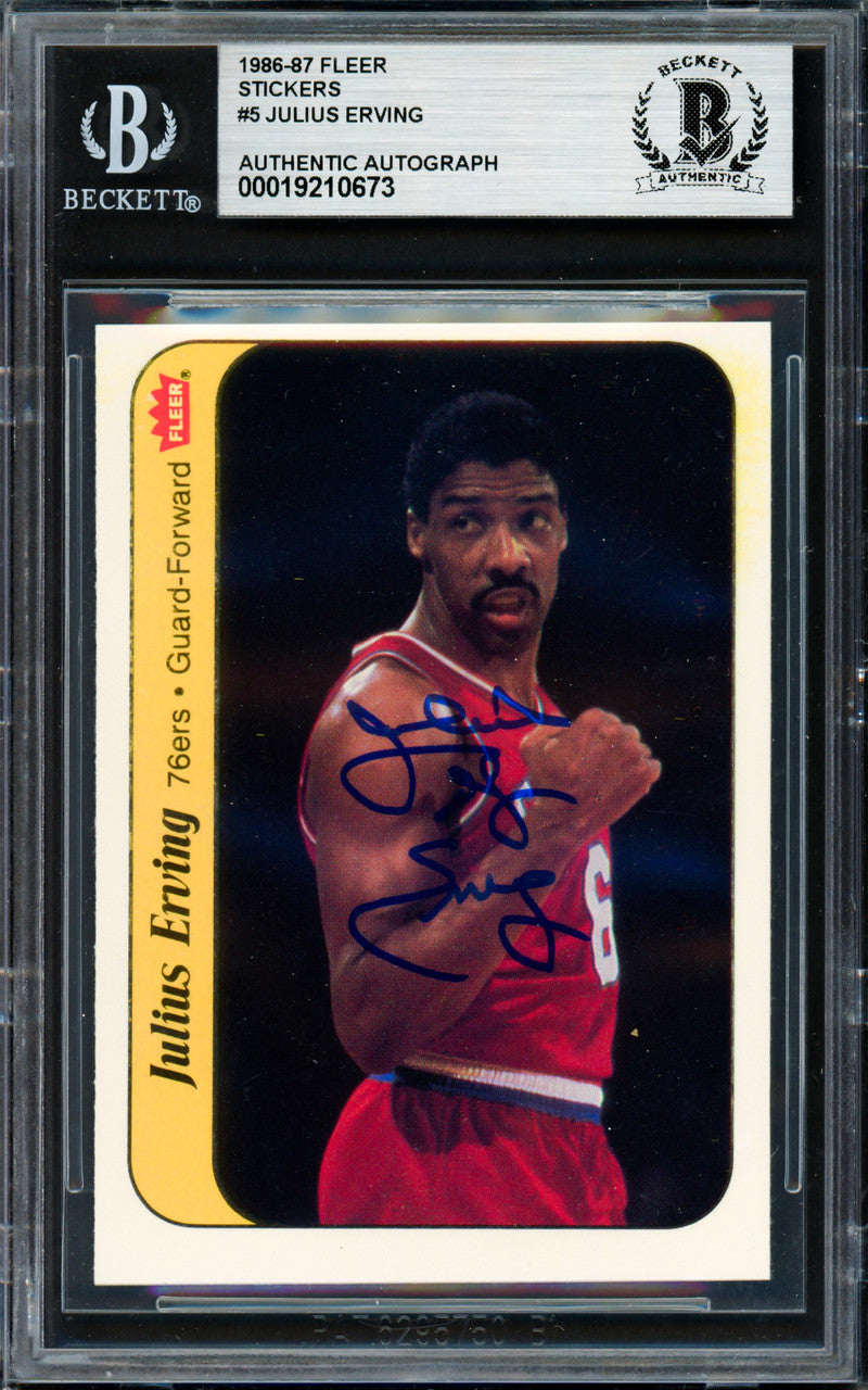 Julius Dr. J Erving Autographed 1986-87 Fleer Sticker Card #5 Philadelphia 76ers Beckett BAS #19210673