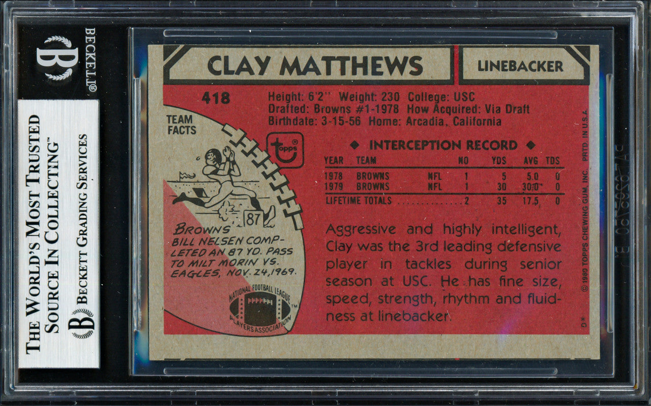Clay Matthews Autographed 1980 Topps Rookie Card #418 Cleveland Browns Beckett BAS #19212787