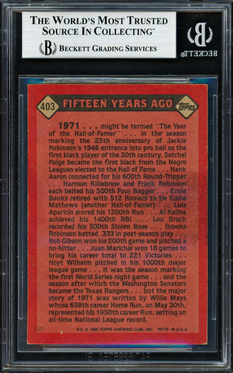 Willie Mays Autographed 1986 Topps Card #403 San Francisco Giants Beckett BAS #19212789