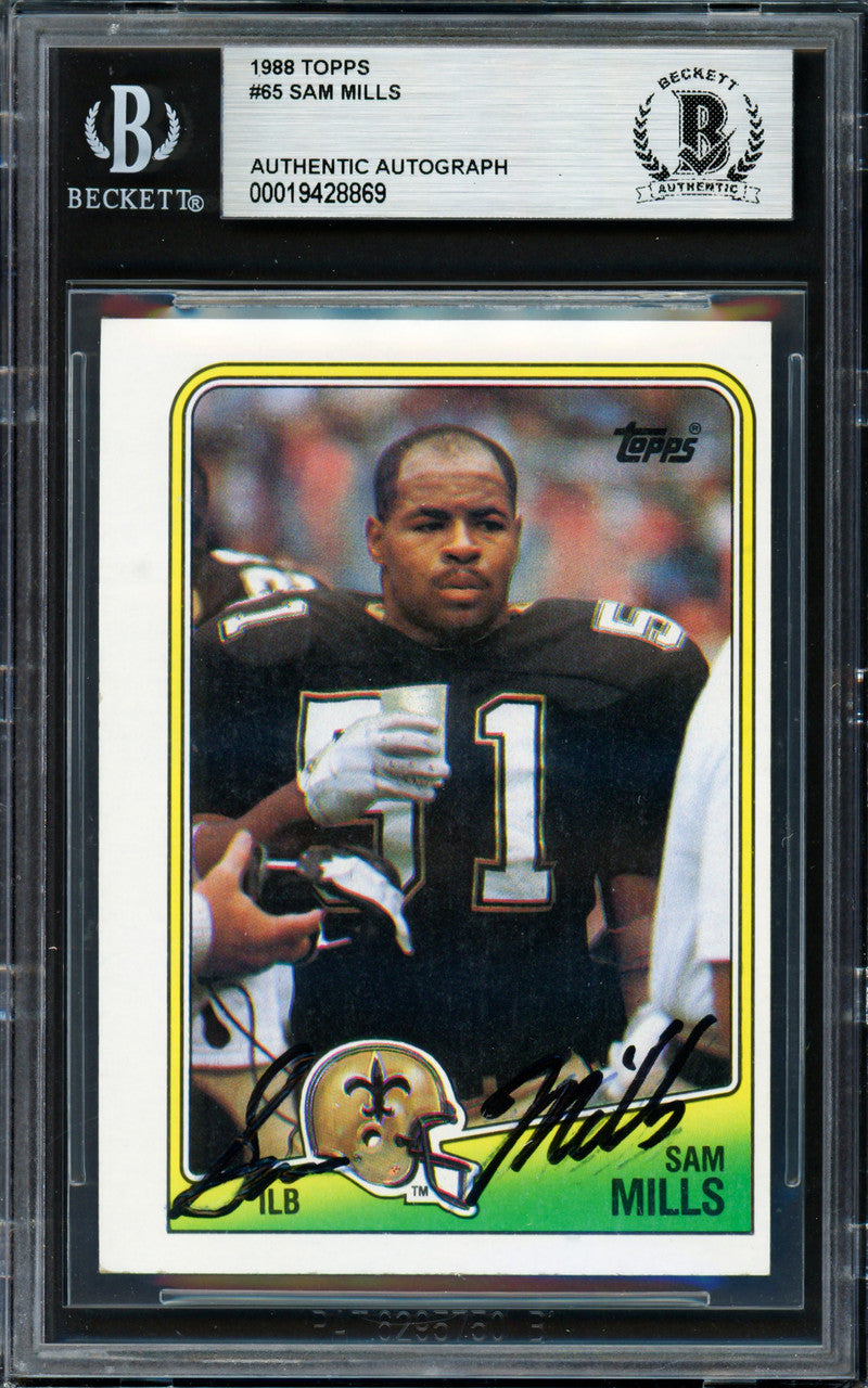 Sam Mills Autographed 1988 Topps Rookie Card #65 New Orleans Saints Beckett BAS #19428869