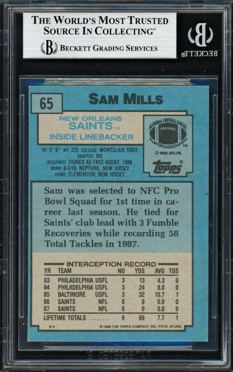Sam Mills Autographed 1988 Topps Rookie Card #65 New Orleans Saints Beckett BAS #19428869