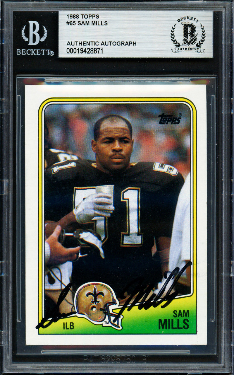 Sam Mills Autographed 1988 Topps Rookie Card #65 New Orleans Saints Beckett BAS #19428871