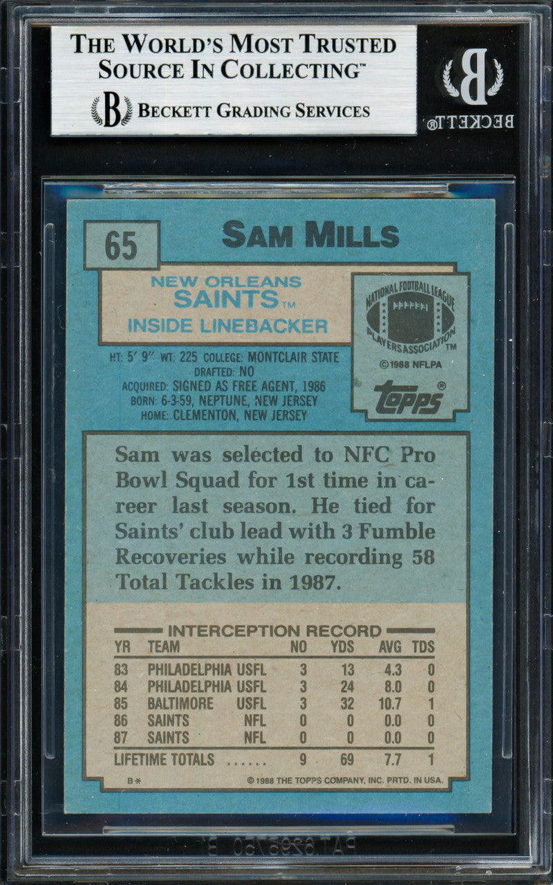 Sam Mills Autographed 1988 Topps Rookie Card #65 New Orleans Saints Beckett BAS #19428871